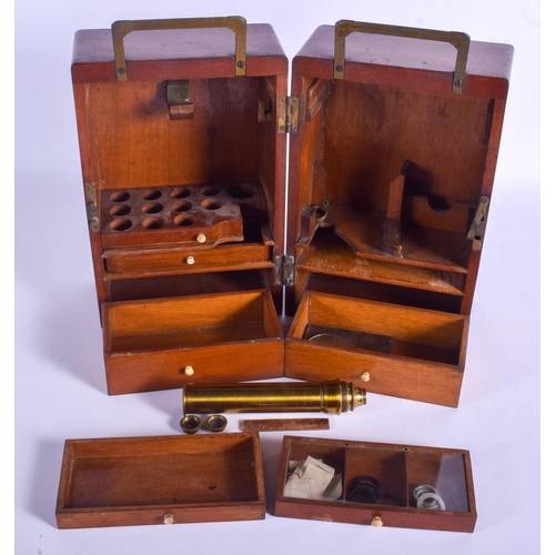 349 - AN UNUSUAL 19TH CENTURY ENGLISH BRASS MICROSCOPE TYPE INSTRUMENT within a box with vacant compartmen... 