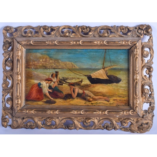 350 - European School (19th Century) Oil on board, Peasants by the beach. Image 16 cm x 9.5 cm.