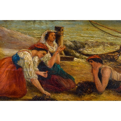 350 - European School (19th Century) Oil on board, Peasants by the beach. Image 16 cm x 9.5 cm.