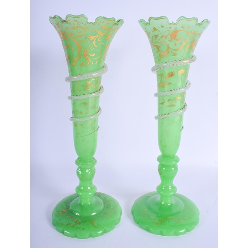 37 - A RARE PAIR OF 19TH CENTURY BOHEMIAN SNAKE GLASS VASES painted with gilt scrolls. 32 cm high.