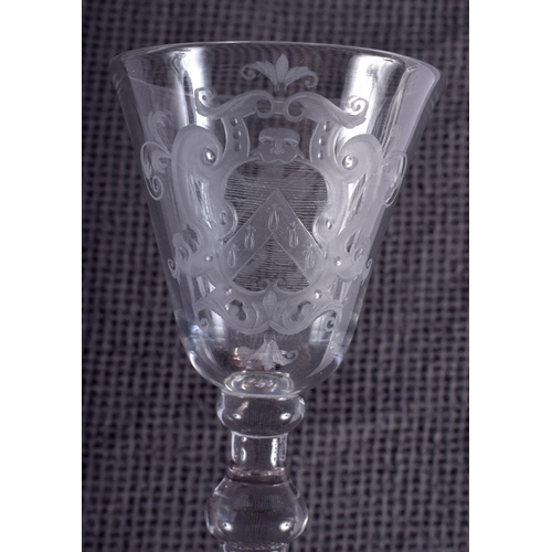 42 - THREE 18TH CENTURY CONTINENTAL WINE GLASSES with engraved cartouches. Largest 18 cm high. (3)