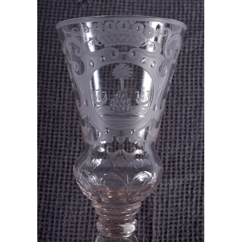 42 - THREE 18TH CENTURY CONTINENTAL WINE GLASSES with engraved cartouches. Largest 18 cm high. (3)