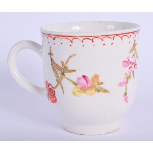 54 - AN 18TH CENTURY BOW PORCELAIN COFFEE CUP painted with flowers under a dot line border. 6.25 cm high.