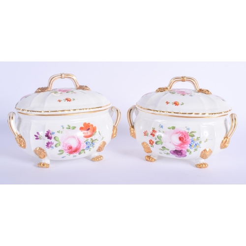 60 - A PAIR OF EARLY 19TH CENTURY DERBY PORCELAIN TUREENS AND COVERS painted with flowers. 18 cm x 15 cm.