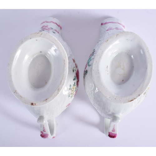 61 - A PAIR OF 18TH CENTURY ENGLISH PORCELAIN SAUCE BOATS probably Worcester, painted with flowers on a r... 