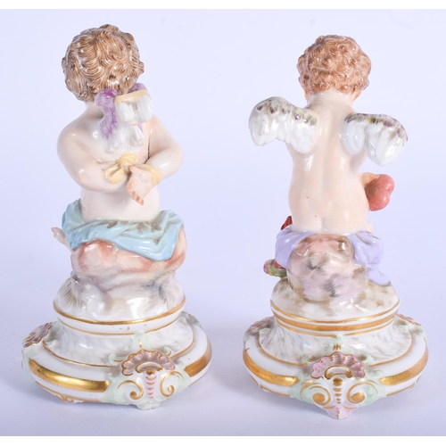 70 - A PAIR OF 19TH CENTURY MEISSEN PORCELAIN FIGURE OF PUTTI modelled upon acanthus capped bases. 11 cm ... 