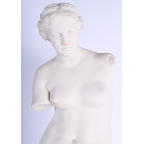 81 - A RARE LARGE 19TH CENTURY PARIAN WARE FIGURE OF THE VENUS DE MILO modelled upon a shaped base. 56 cm... 