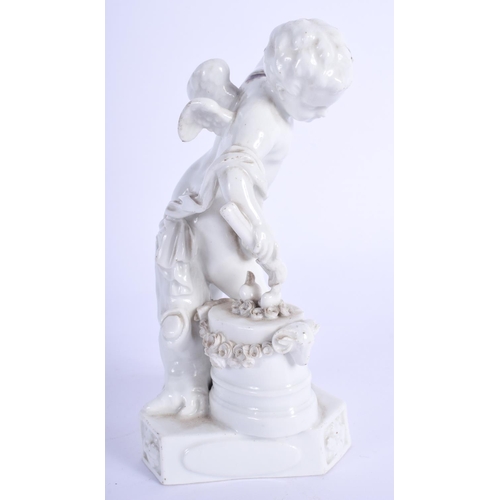 84 - A 19TH CENTURY MEISSEN BLANC DE CHINE FIGURE OF A PUTTI modelled beside a rams head mask. 14 cm high... 