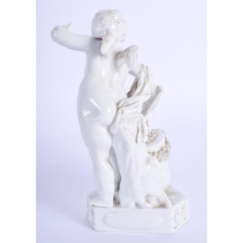 84 - A 19TH CENTURY MEISSEN BLANC DE CHINE FIGURE OF A PUTTI modelled beside a rams head mask. 14 cm high... 