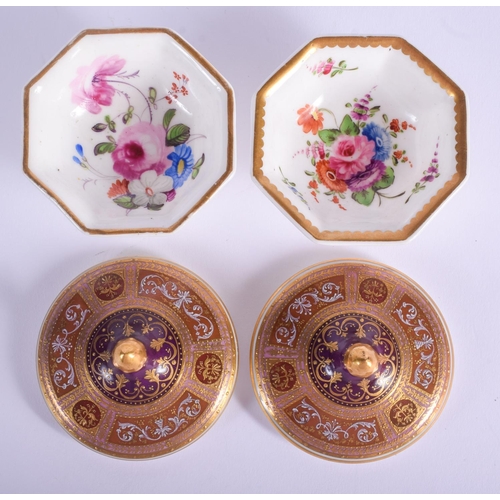 86 - A PAIR OF 19TH CENTURY ENGLISH PORCELAIN SALTS painted with flowers, together with a pair of Vienna ... 