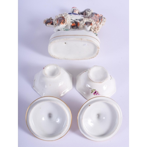 86 - A PAIR OF 19TH CENTURY ENGLISH PORCELAIN SALTS painted with flowers, together with a pair of Vienna ... 