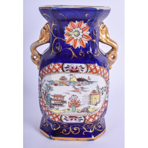 88 - A RARE EARLY 19TH CENTURY ENGLISH TWIN HANDLED POTTERY VASE Attributed to Masons. 18 cm x 8 cm.