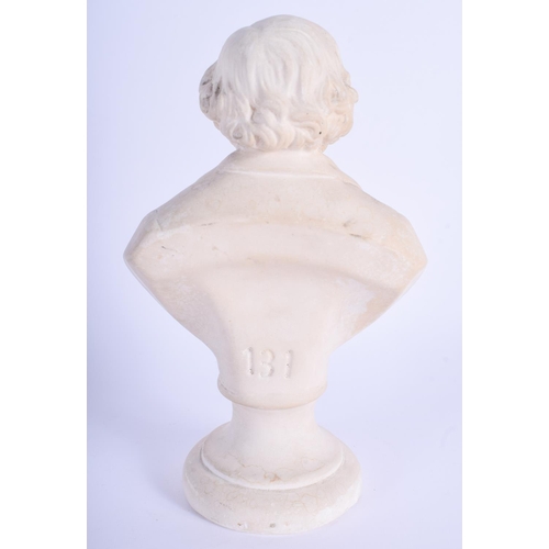 97 - AN ANTIQUE ENGLISH PLASTER BUST entitled Thacker, depicting a male wearing spectacles. 21 cm x 8 cm.