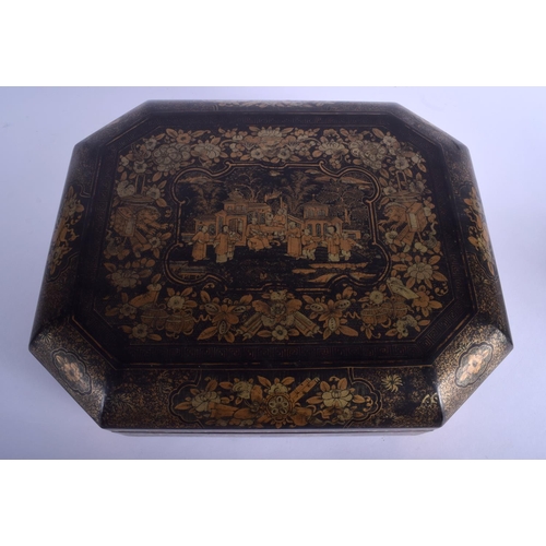 1294 - A LARGE 19TH CENTURY CHINESE EXPORT BLACK LACQUER GAMING BOX Qing, painted with figures and landscap... 