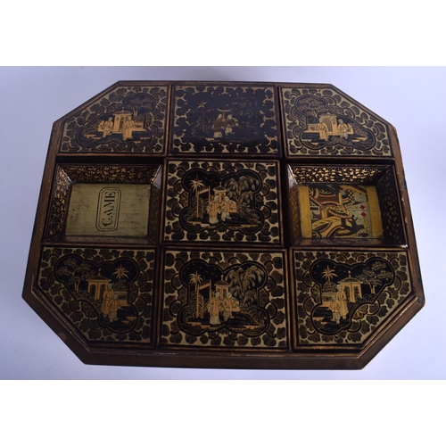 1294 - A LARGE 19TH CENTURY CHINESE EXPORT BLACK LACQUER GAMING BOX Qing, painted with figures and landscap... 