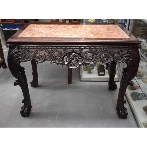 1435 - A VERY RARE 19TH CENTURY CHINESE HONGMU MARBLE INSET CONSOLE TABLE Qing, with European inspired carv... 