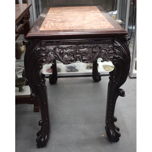 1435 - A VERY RARE 19TH CENTURY CHINESE HONGMU MARBLE INSET CONSOLE TABLE Qing, with European inspired carv... 