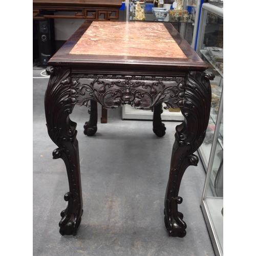 1435 - A VERY RARE 19TH CENTURY CHINESE HONGMU MARBLE INSET CONSOLE TABLE Qing, with European inspired carv... 