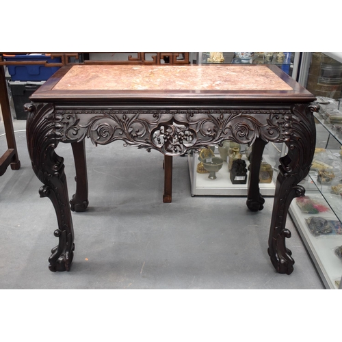 1435 - A VERY RARE 19TH CENTURY CHINESE HONGMU MARBLE INSET CONSOLE TABLE Qing, with European inspired carv... 