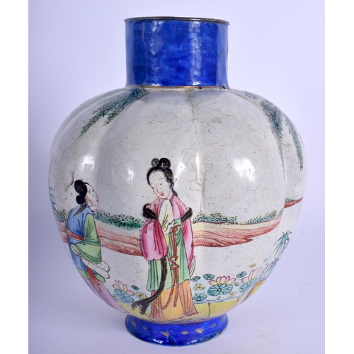 1480 - AN 18TH CENTURY CHINESE CANTON ENAMEL LOBED TEA CADDY Qianlong, painted with figures and landscapes.... 