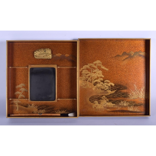 1481 - A MAJESTIC 18TH/19TH CENTURY JAPANESE EDO PERIOD GOLD LACQUER SUZURIBAKO decorated in relief with fl... 