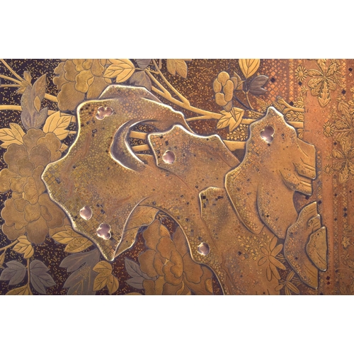 1481 - A MAJESTIC 18TH/19TH CENTURY JAPANESE EDO PERIOD GOLD LACQUER SUZURIBAKO decorated in relief with fl... 