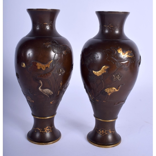 1641 - A PAIR OF 19TH CENTURY JAPANESE MEIJI BRONZE GOLD ONLAID VASES in the manner of Saikyo (Kyoto) Inoue... 