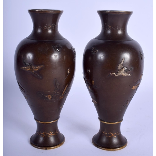 1641 - A PAIR OF 19TH CENTURY JAPANESE MEIJI BRONZE GOLD ONLAID VASES in the manner of Saikyo (Kyoto) Inoue... 