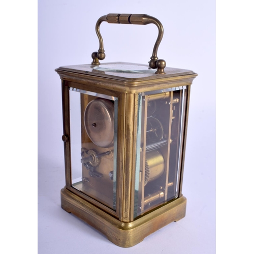 1798 - A 19TH CENTURY FRENCH BRASS REPEATING CARRIAGE CLOCK within original fitted leather case. 18 cm high... 