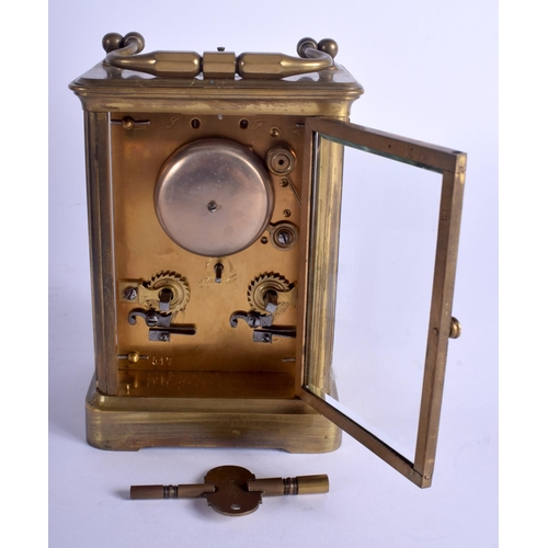 1798 - A 19TH CENTURY FRENCH BRASS REPEATING CARRIAGE CLOCK within original fitted leather case. 18 cm high... 