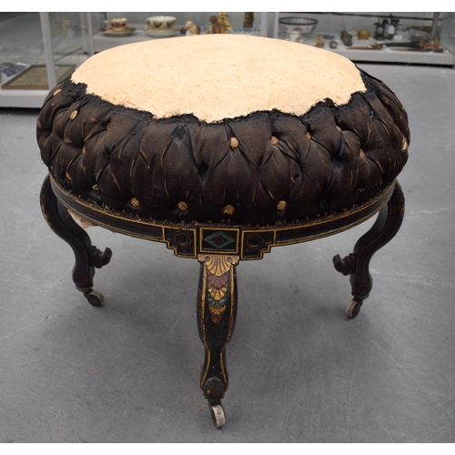 2350 - A VERY UNUSUAL 19TH CENTURY CONTINENTAL PAINTED STOOL modelled upon curving legs with acanthus decor... 