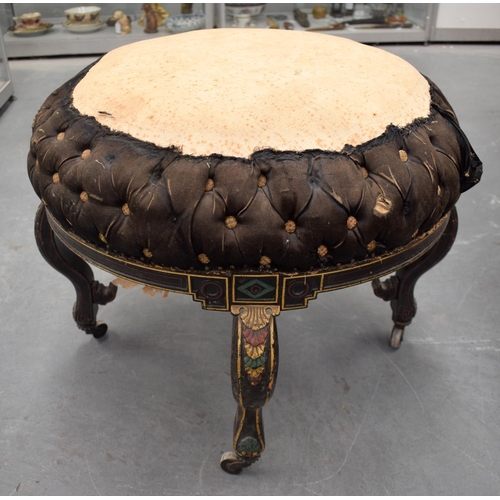 2350 - A VERY UNUSUAL 19TH CENTURY CONTINENTAL PAINTED STOOL modelled upon curving legs with acanthus decor... 