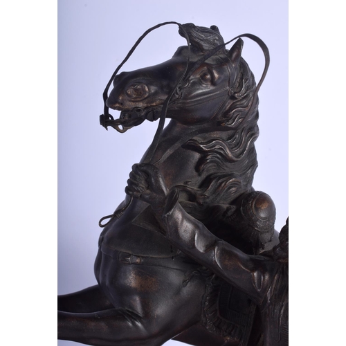 2355 - A LARGE 19TH CENTURY FRENCH SPELTER FIGURE OF A STANDING MALE modelled beside a rearing horse. 43 cm... 