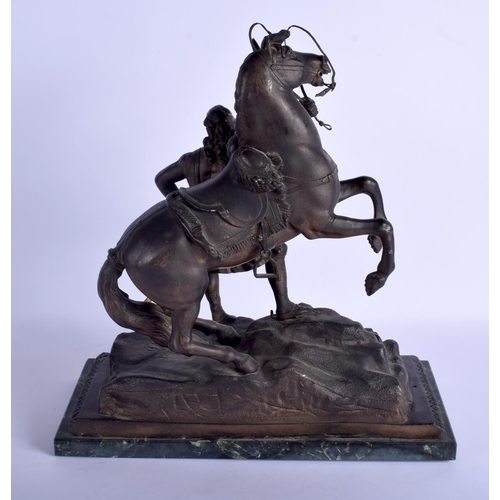 2355 - A LARGE 19TH CENTURY FRENCH SPELTER FIGURE OF A STANDING MALE modelled beside a rearing horse. 43 cm... 