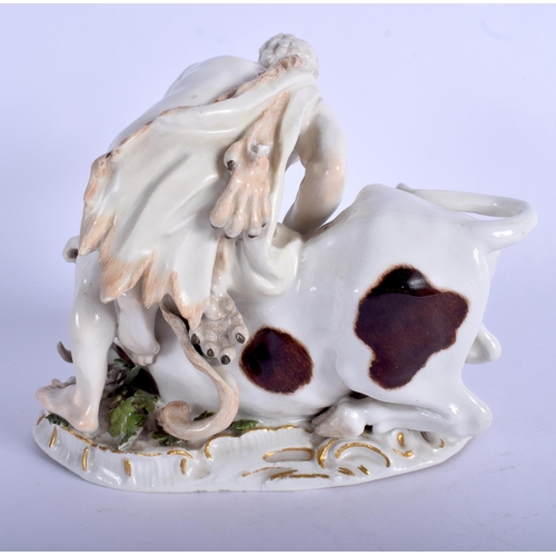 48 - A LOVELY 19TH CENTURY MEISSEN PORCELAIN FIGURE OF A MUSCULAR MALE modelled taming a bull upon a natu... 