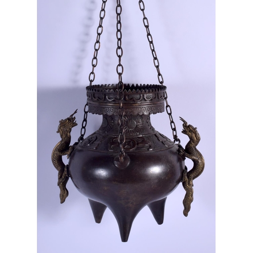 1010 - A RARE 19TH CENTURY JAPANESE MEIJI PERIOD HANGING BRONZE CENSER with twin dragon handles. 19 cm x 12... 