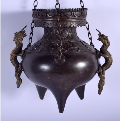 1010 - A RARE 19TH CENTURY JAPANESE MEIJI PERIOD HANGING BRONZE CENSER with twin dragon handles. 19 cm x 12... 