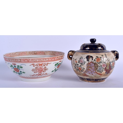 1031 - A 19TH CENTURY JAPANESE MEIJI PERIOD IMARI BOWL together with a satsuma censer & cover. Largest 16.5... 