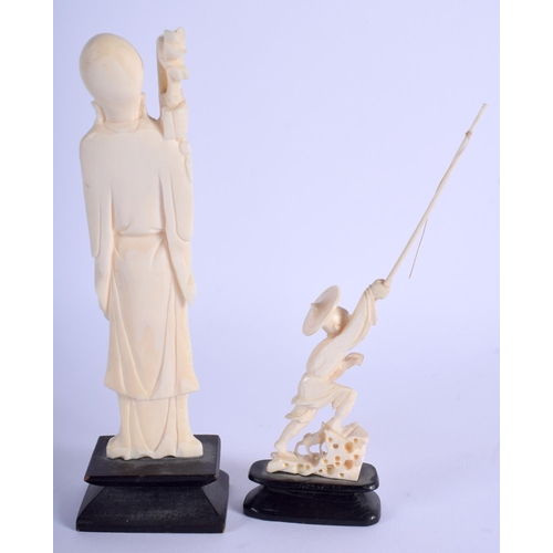 1049 - AN EARLY 20TH CENTURY CHINESE CARVED IVORY IMMORTAL together with another. Largest ivory 14 cm high.... 