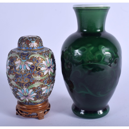 1056 - AN EARLY 20TH CENTURY CHINESE CLOISONNE ENAMEL VASE AND COVER together with a Peking style vase. Lar... 