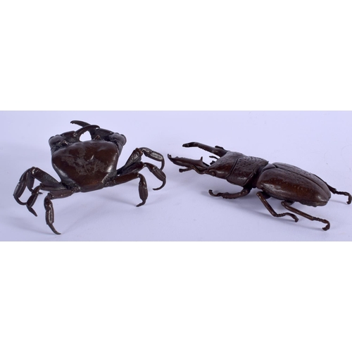 1064 - A JAPANESE STAG BEETLE OKIMONO together with a bronze crab. Largest 14 cm x 5 cm. (2)