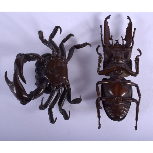 1064 - A JAPANESE STAG BEETLE OKIMONO together with a bronze crab. Largest 14 cm x 5 cm. (2)