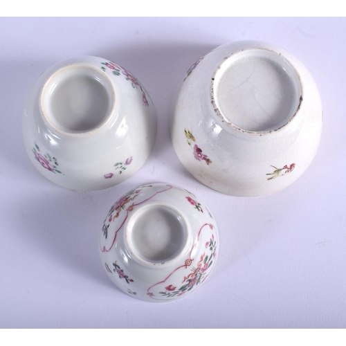 1065 - THREE 18TH CENTURY CHINESE EXPORT FAMILLE ROSE TEA BOWLS Qianlong. Largest 9 cm diameter. (3)