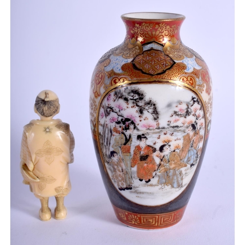 1103 - A 19TH CENTURY JAPANESE MEIJI PERIOD KUTANI VASE together with a Meiji period okimono. (2)