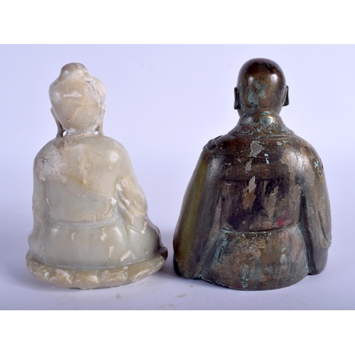 1104 - A 19TH CENTURY CHINESE JADE FIGURE OF A BUDDHA Qing, together with a similar bronze buddha. 15 cm x ... 