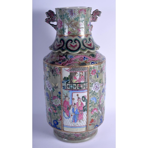 1123 - A LARGE 19TH CENTURY CHINESE FAMILLE ROSE CELADON VASE Qing, painted with figures and birds, 52 cm x... 