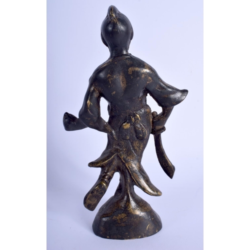 1131 - A 19TH CENTURY JAPANESE MEIJI PERIOD BRONZE OKIMONO modelled holding a sword. 19 cm high.