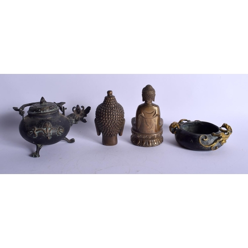 1132 - A CHINESE BRONZE CENSER 20th Century, together with a bronze vessel & two buddha. Largest 13 cm x 8 ... 