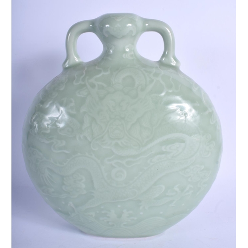 1158 - A CHINESE TWIN HANDLED CELADON MOON PILGRIM FLASK 20th Century, bearing Qianlong marks to base, deco... 