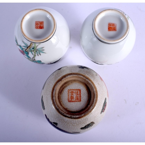 1166 - A PAIR OF CHINESE REPUBLICAN PERIOD FAMILLE ROSE VASES together with a crackle glazed brush washer. ... 